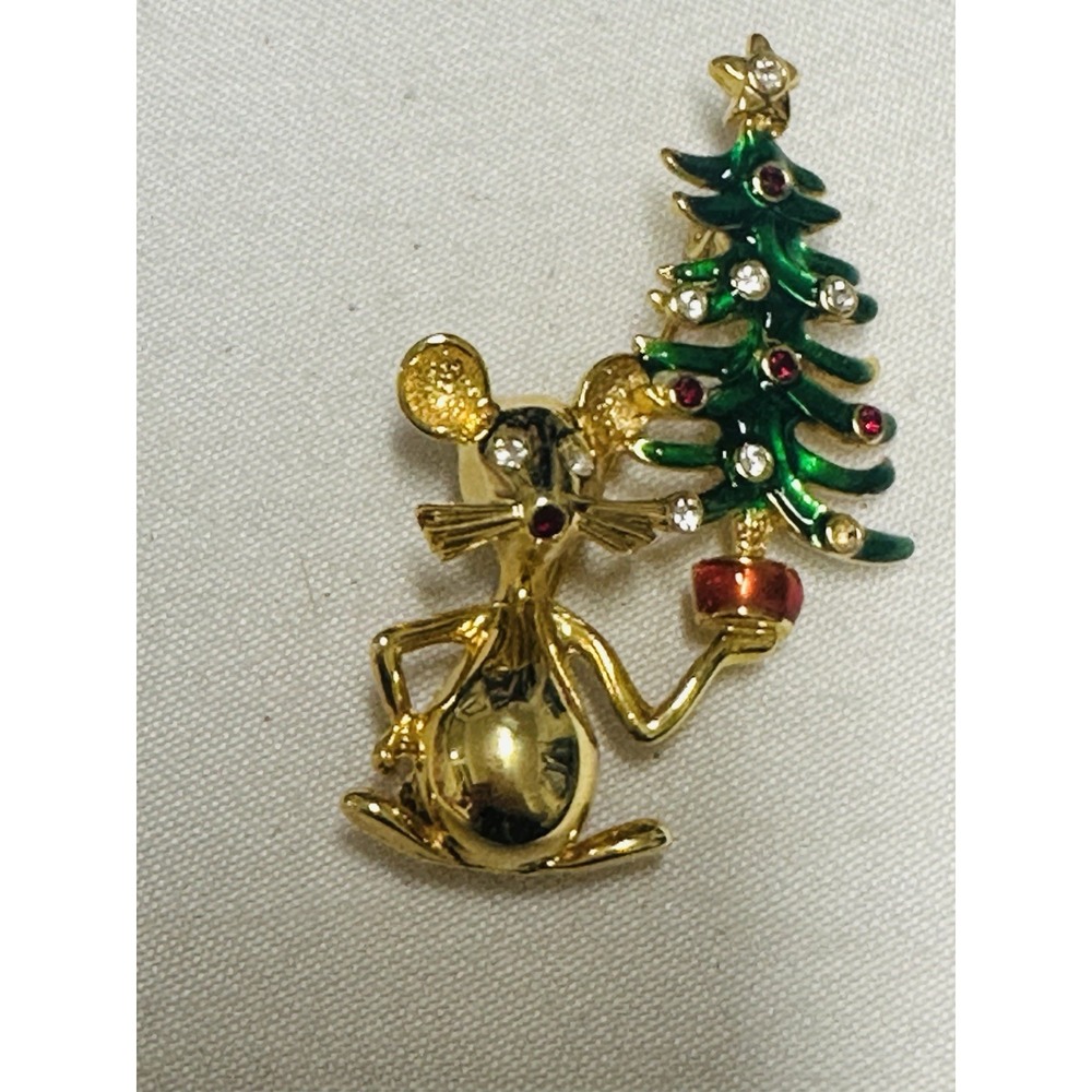 Vintage Christmas Mouse Brooch Rhinestone Tree Enamel Holiday Pin Gold Tone